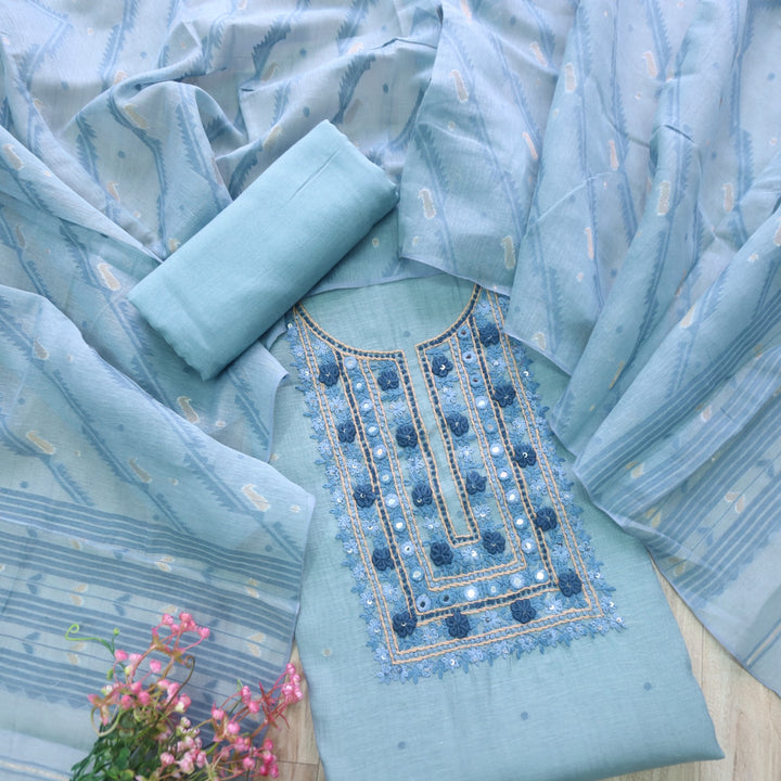 Nayaab Faded Blue Thread Work Jamdani Top With Chanderi Dupatta