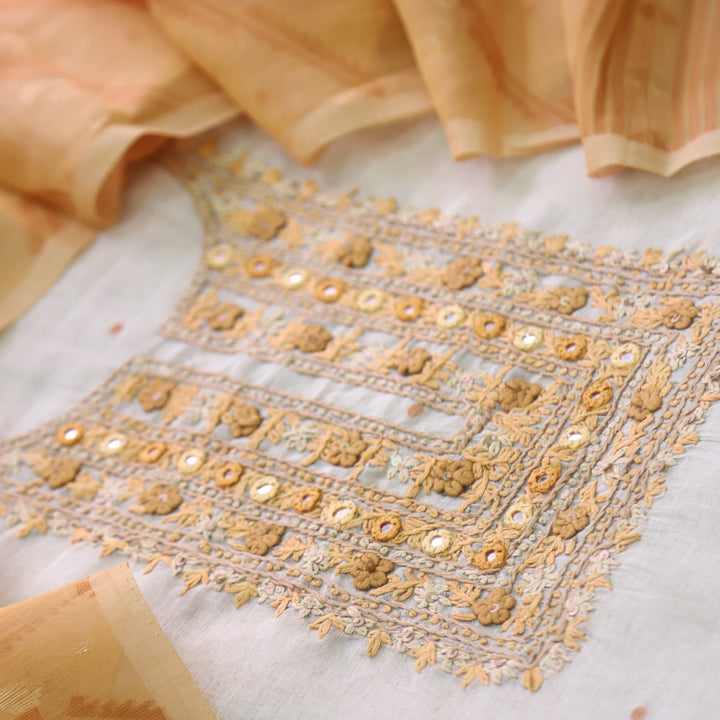 Nayaab Beige with Yellow Thread Work Jamdani Top With Chanderi Dupatta