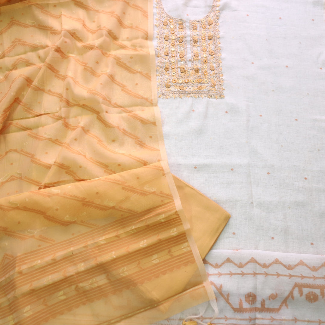 Nayaab Beige with Yellow Thread Work Jamdani Top With Chanderi Dupatta