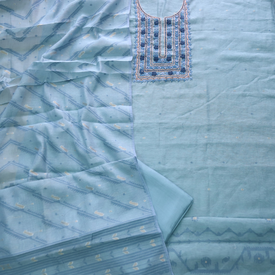 Nayaab Faded Blue Thread Work Jamdani Top With Chanderi Dupatta