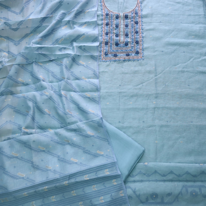 Nayaab Faded Blue Thread Work Jamdani Top With Chanderi Dupatta