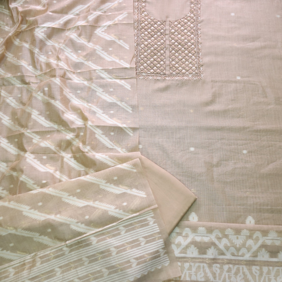 Nayaab Sand Beige Thread Work Jamdani Top With Chanderi Dupatta