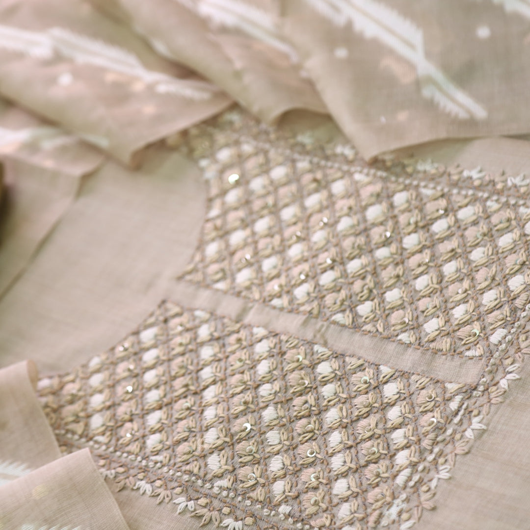 Nayaab Sand Beige Thread Work Jamdani Top With Chanderi Dupatta