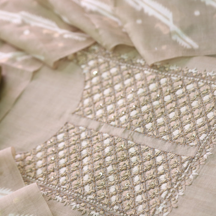 Nayaab Sand Beige Thread Work Jamdani Top With Chanderi Dupatta