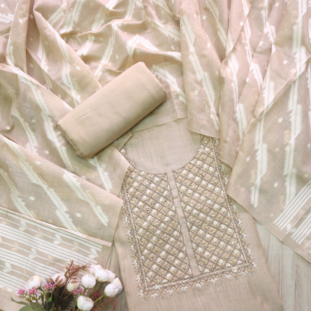 Nayaab Sand Beige Thread Work Jamdani Top With Chanderi Dupatta