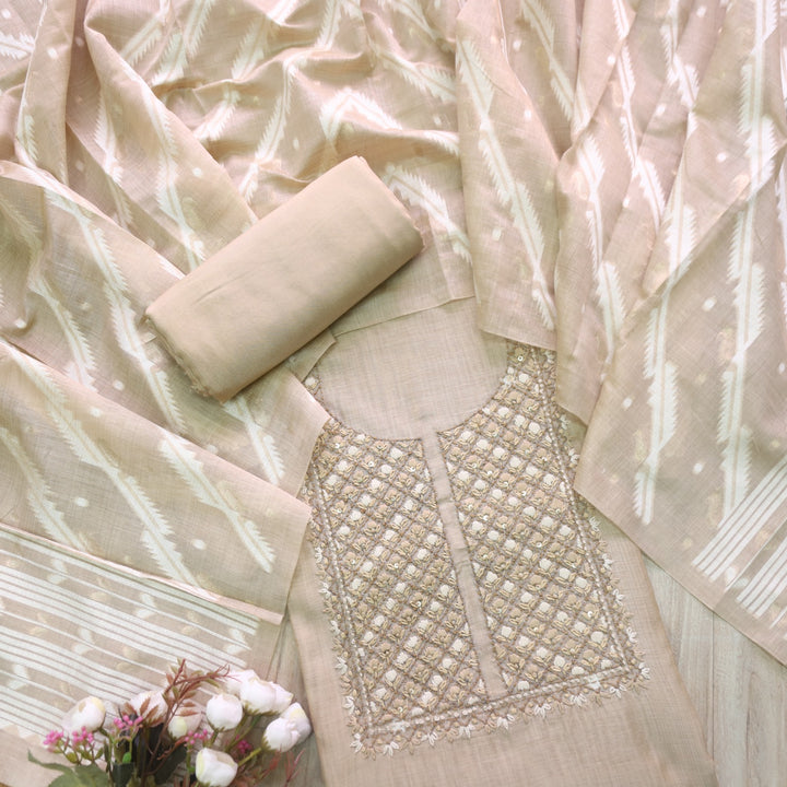 Nayaab Sand Beige Thread Work Jamdani Top With Chanderi Dupatta