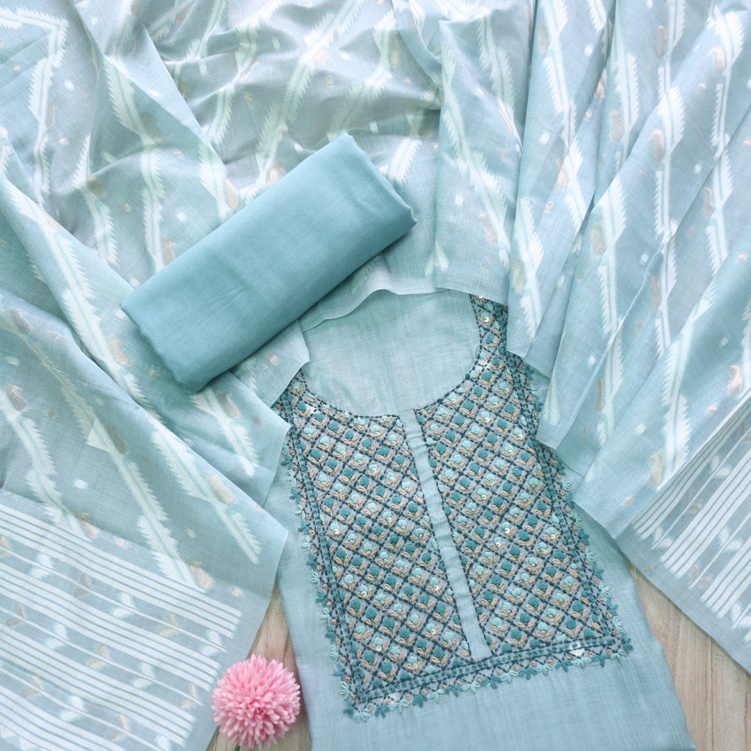 Nayaab Light Ocean Blue Thread Work Jamdani Top With Chanderi Dupatta