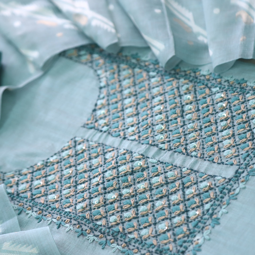 Nayaab Light Ocean Blue Thread Work Jamdani Top With Chanderi Dupatta