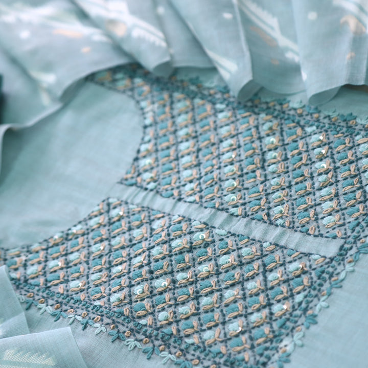 Nayaab Light Ocean Blue Thread Work Jamdani Top With Chanderi Dupatta