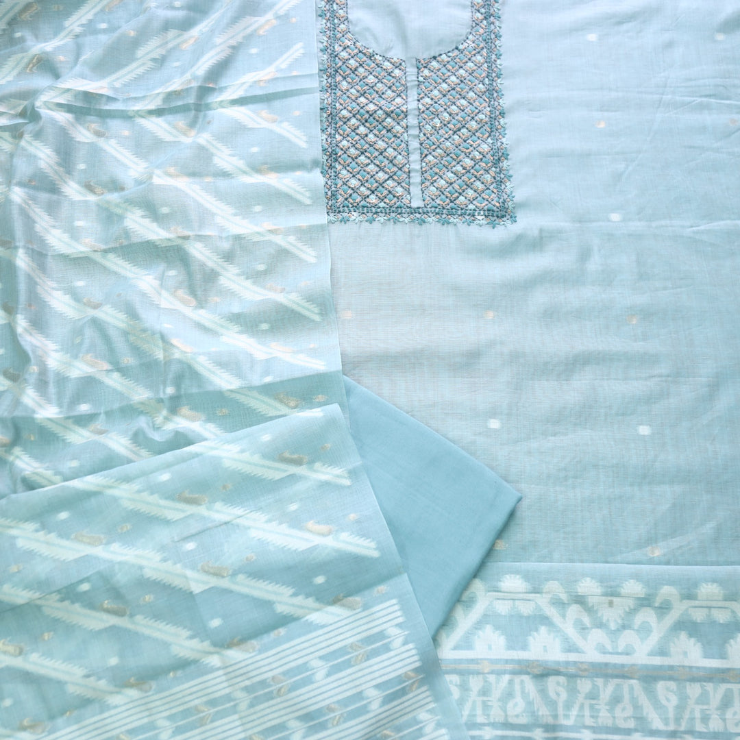 Nayaab Light Ocean Blue Thread Work Jamdani Top With Chanderi Dupatta