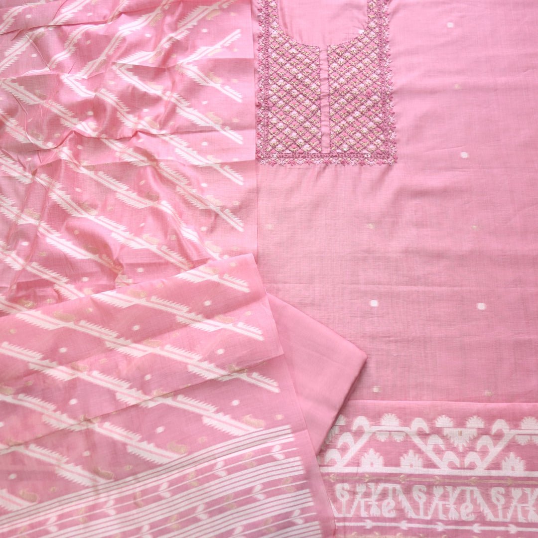 Nayaab Flamingo Pink Thread Work Jamdani Top With Chanderi Dupatta