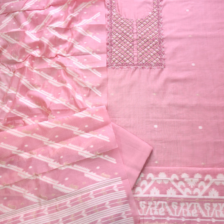Nayaab Flamingo Pink Thread Work Jamdani Top With Chanderi Dupatta