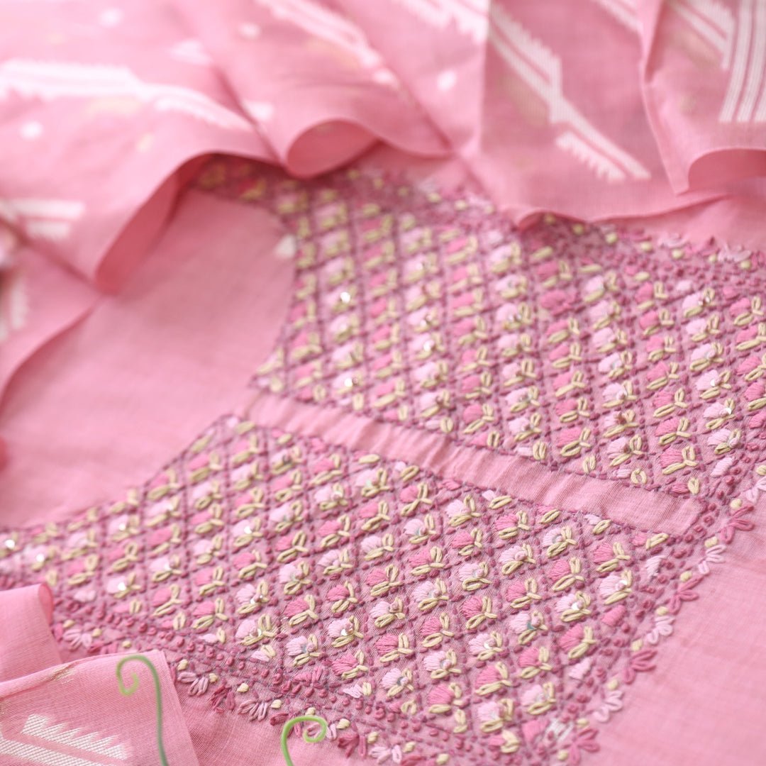 Nayaab Flamingo Pink Thread Work Jamdani Top With Chanderi Dupatta