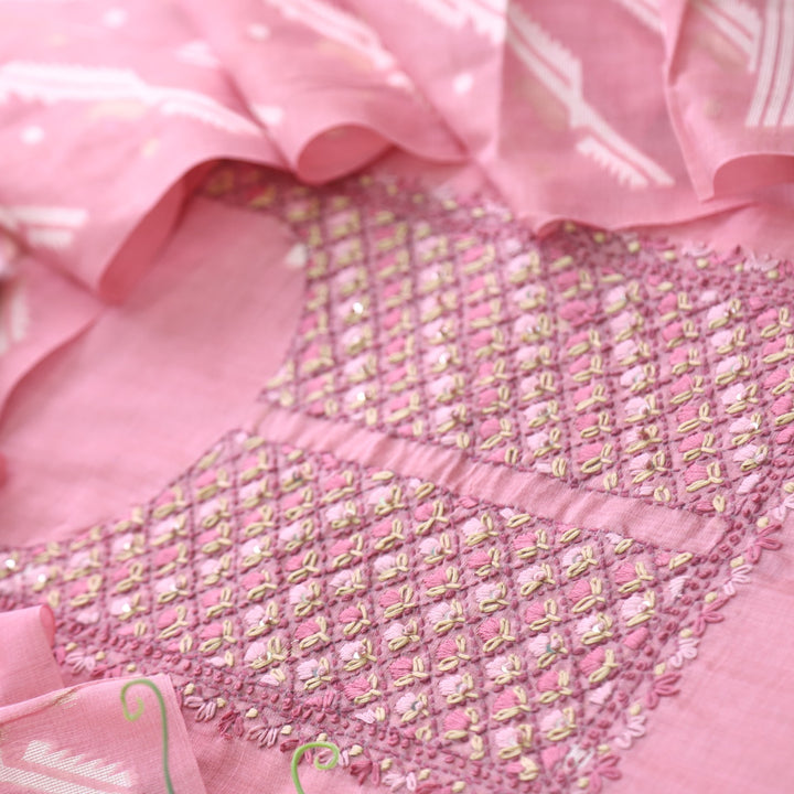 Nayaab Flamingo Pink Thread Work Jamdani Top With Chanderi Dupatta