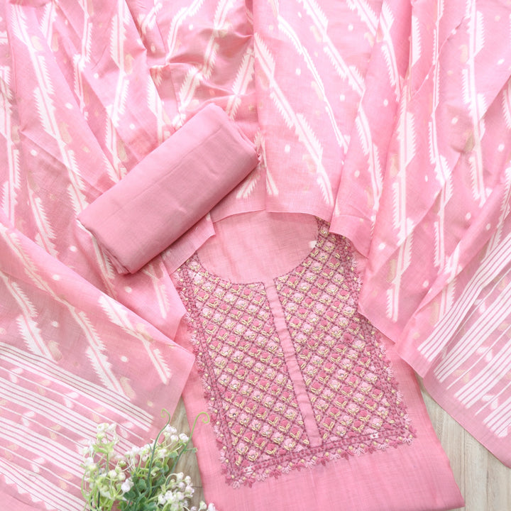 Nayaab Flamingo Pink Thread Work Jamdani Top With Chanderi Dupatta
