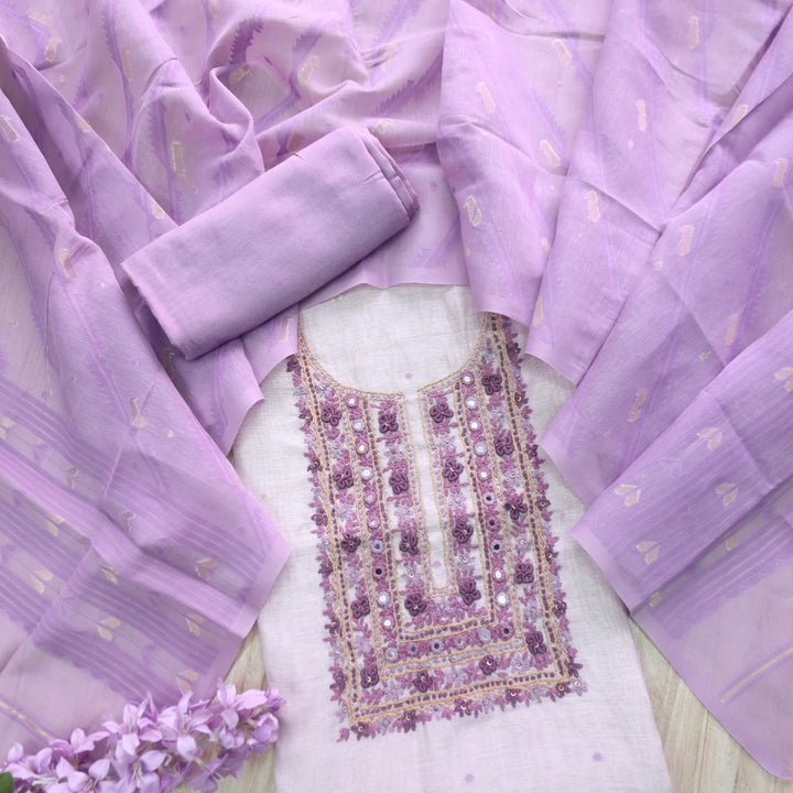 Nayaab Beige with Purple Thread Work Jamdani Top With Chanderi Dupatta
