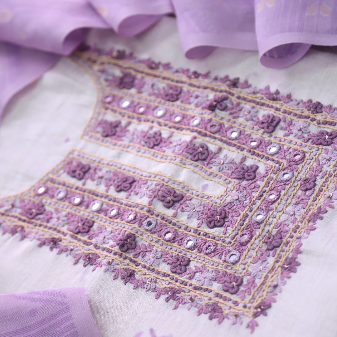 Nayaab Beige with Purple Thread Work Jamdani Top With Chanderi Dupatta