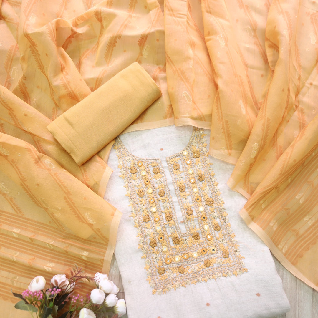 Nayaab Beige with Yellow Thread Work Jamdani Top With Chanderi Dupatta