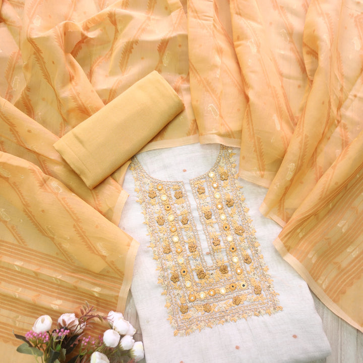 Nayaab Beige with Yellow Thread Work Jamdani Top With Chanderi Dupatta