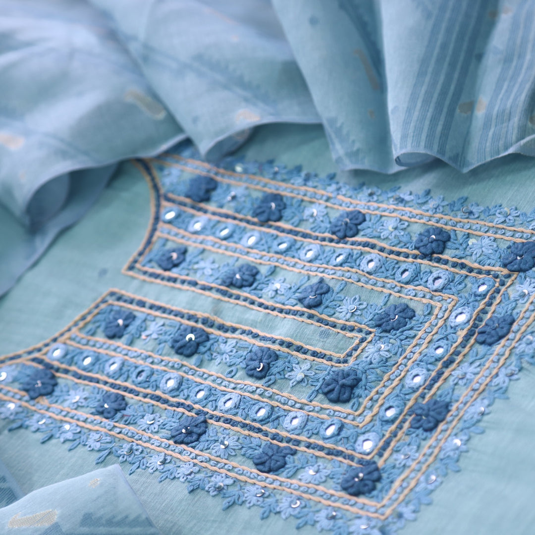 Nayaab Faded Blue Thread Work Jamdani Top With Chanderi Dupatta