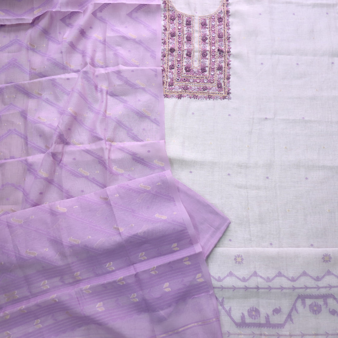 Nayaab Beige with Purple Thread Work Jamdani Top With Chanderi Dupatta