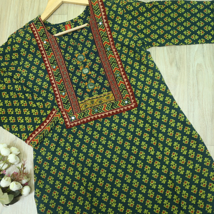 Chaahat Grass Green Kutch Mirror Neck Work Ajrak Print Cotton Kurti-D2