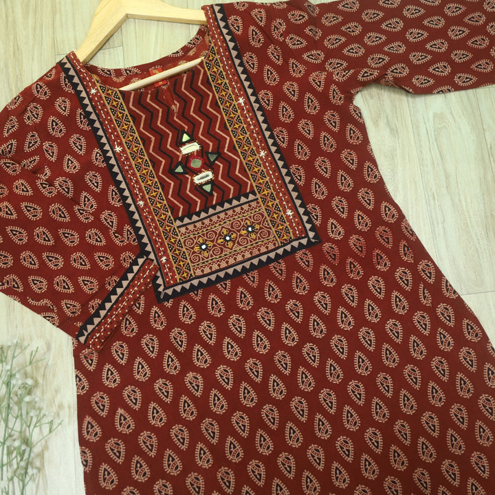 Chaahat Cherry Red Kutch Mirror Neck Work Print Cotton Kurti-D2