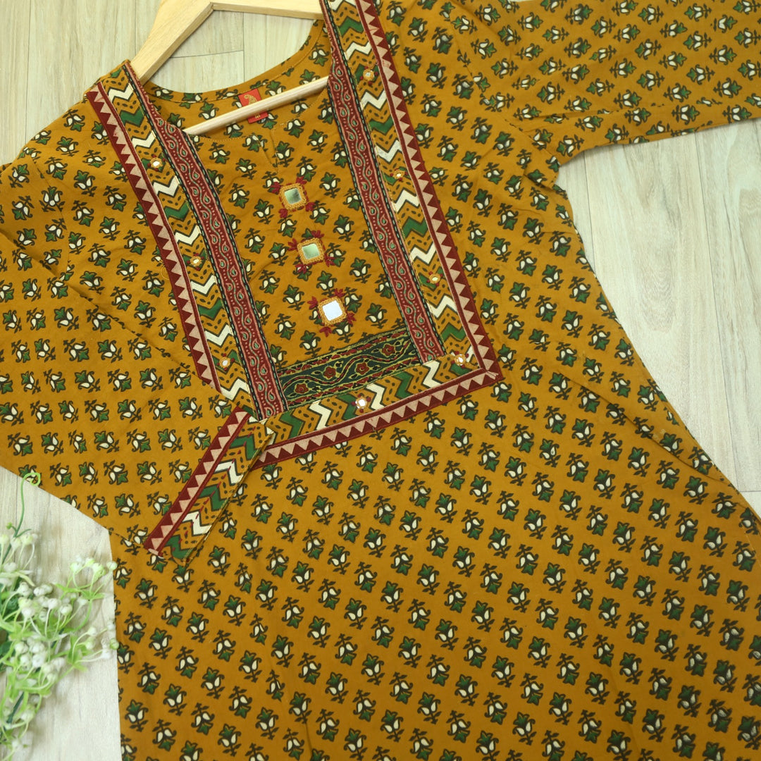 Ghoomar Dandelion Yellow Kutch Mirror Neck Work Ajrak Print Cotton Kurti-D1