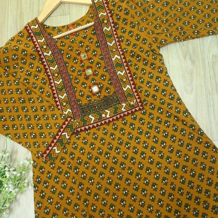 Ghoomar Dandelion Yellow Kutch Mirror Neck Work Ajrak Print Cotton Kurti-D1