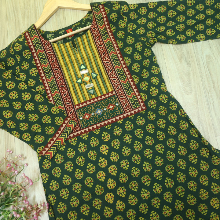 Chaahat Grass Green Kutch Mirror Neck Work Ajrak Print Cotton Kurti-D2