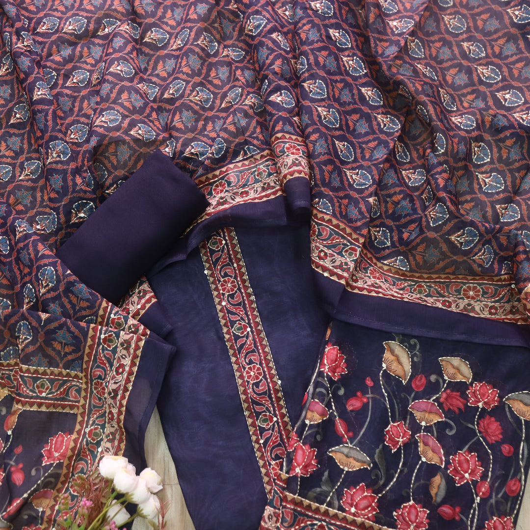 Kohinoor Indigo Purple Digital Pichwai Print Chanderi Suit Set