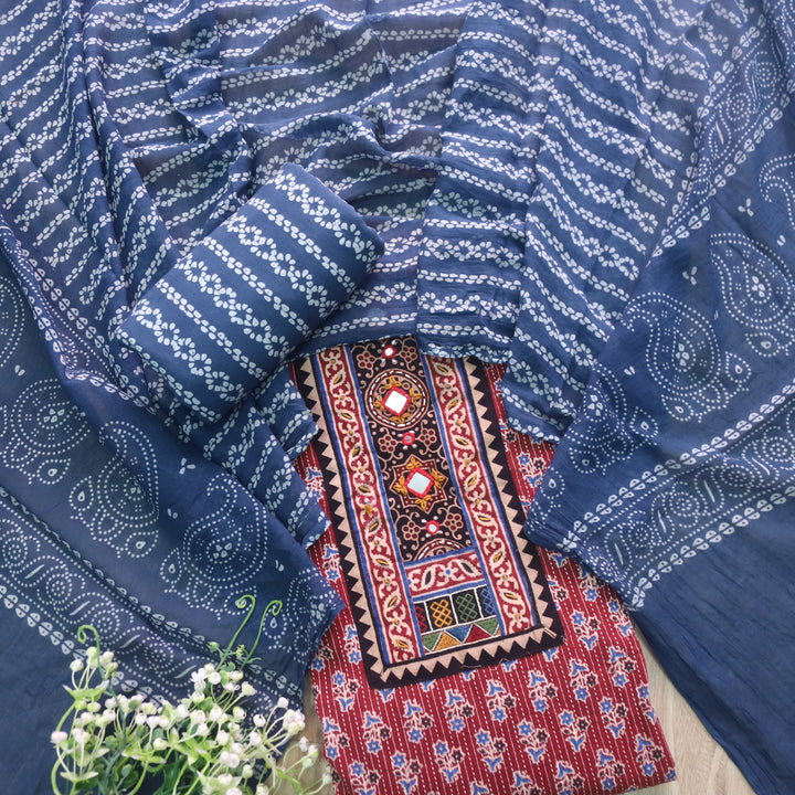 Ruhani Chilli Red Ajrak Print Cotton Top With Printed Dupatta