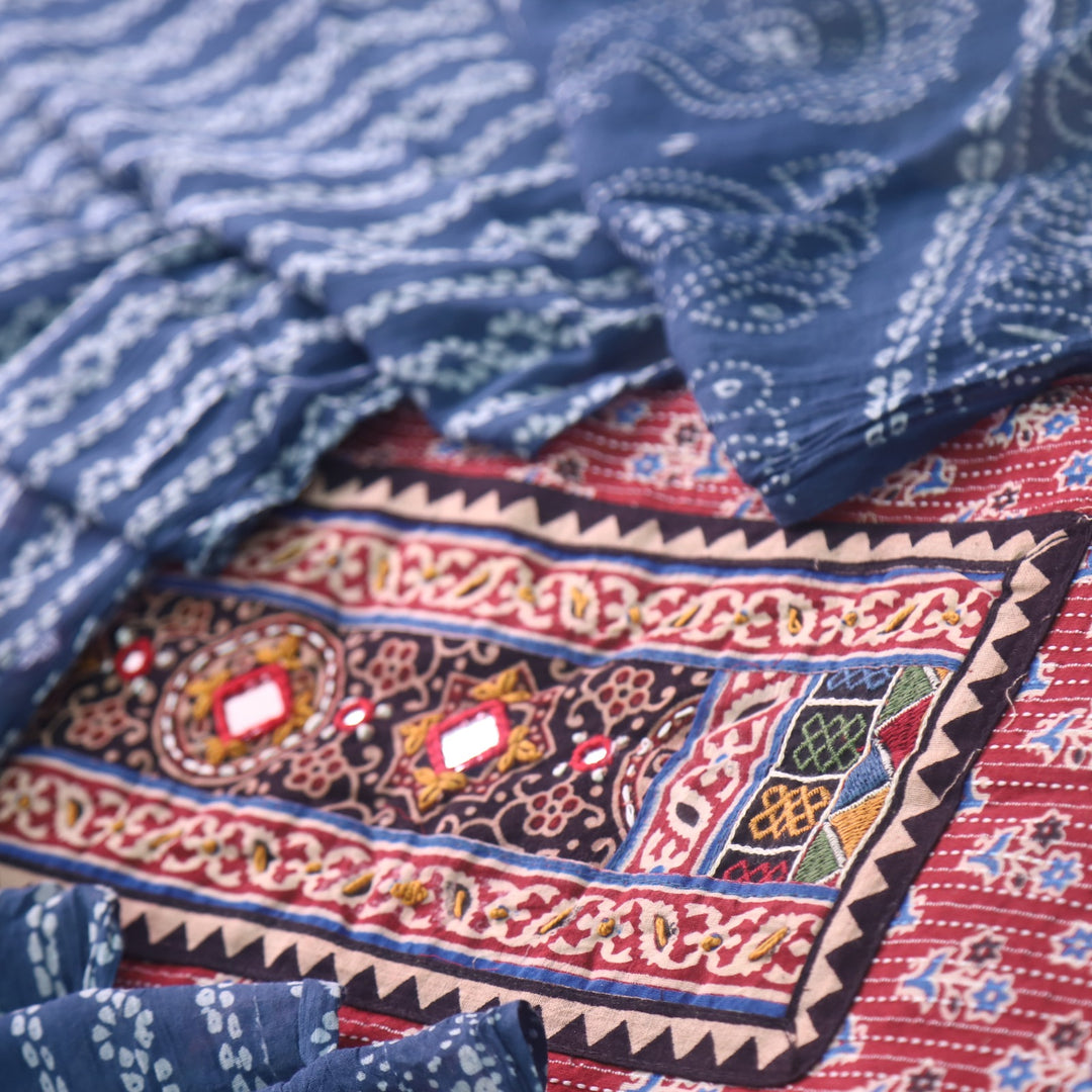 Ruhani Chilli Red Ajrak Print Cotton Top With Printed Dupatta