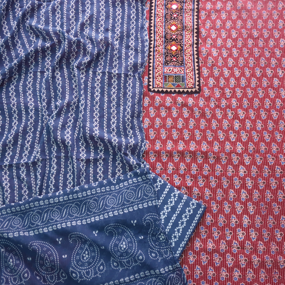 Ruhani Chilli Red Ajrak Print Cotton Top With Printed Dupatta