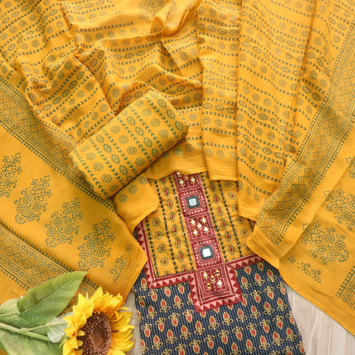 Ruhani Basil Green Ajrak Print Cotton Top With Printed Dupatta