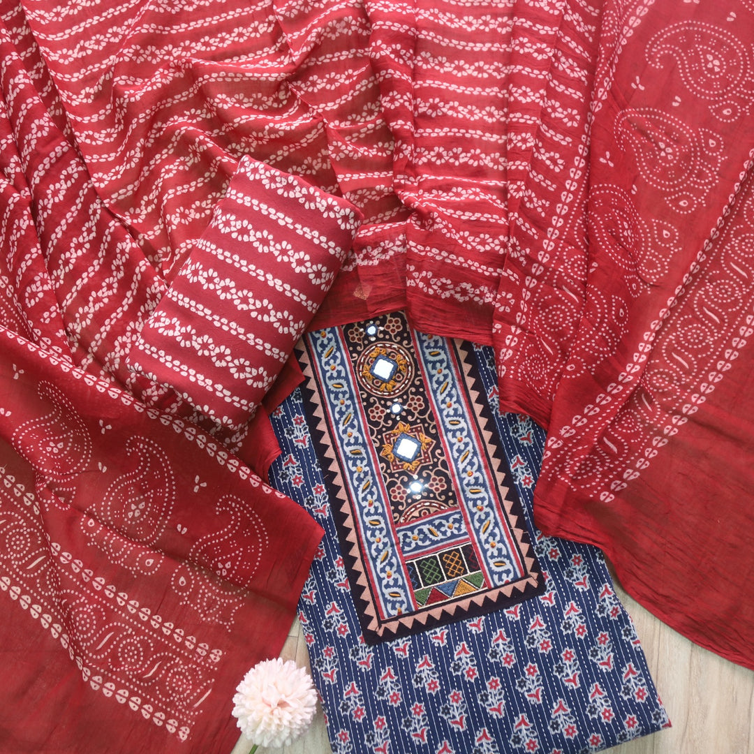 Ruhani Navy Blue Ajrak Print Cotton Top With Printed Dupatta