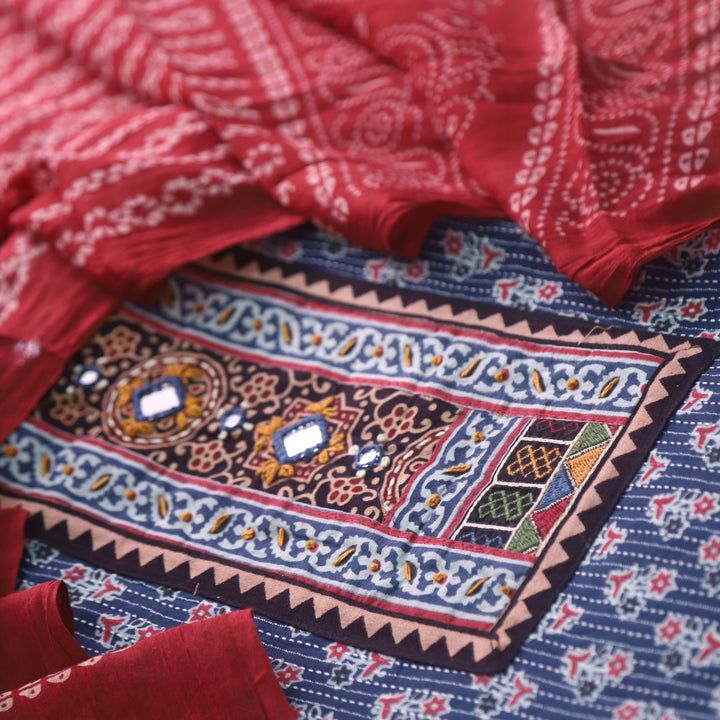Ruhani Navy Blue Ajrak Print Cotton Top With Printed Dupatta