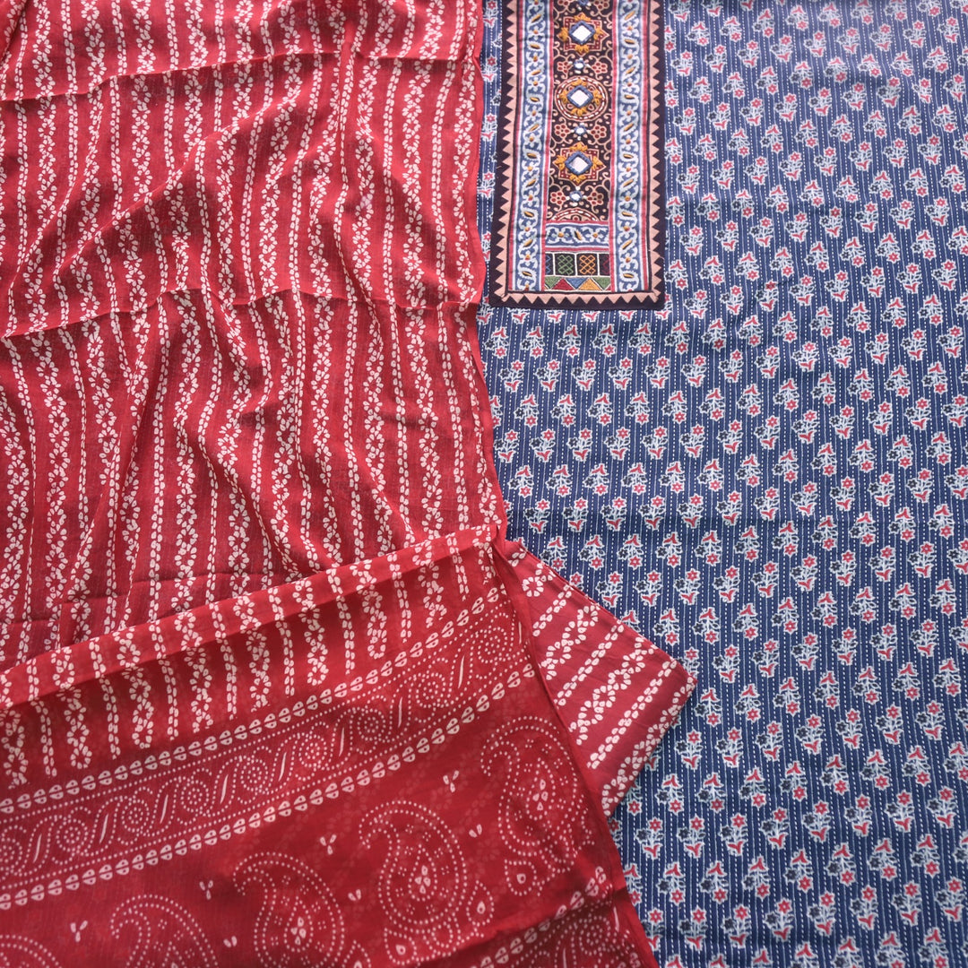 Ruhani Navy Blue Ajrak Print Cotton Top With Printed Dupatta