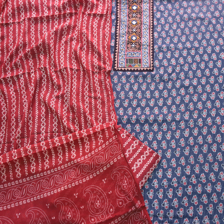Ruhani Navy Blue Ajrak Print Cotton Top With Printed Dupatta