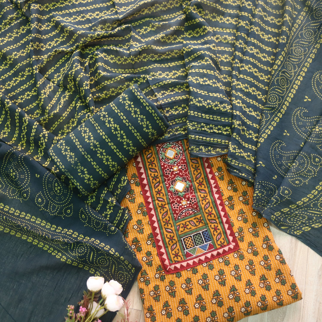 Ruhani Mustrad Yellow Ajrak Print Cotton Top With Printed Dupatta