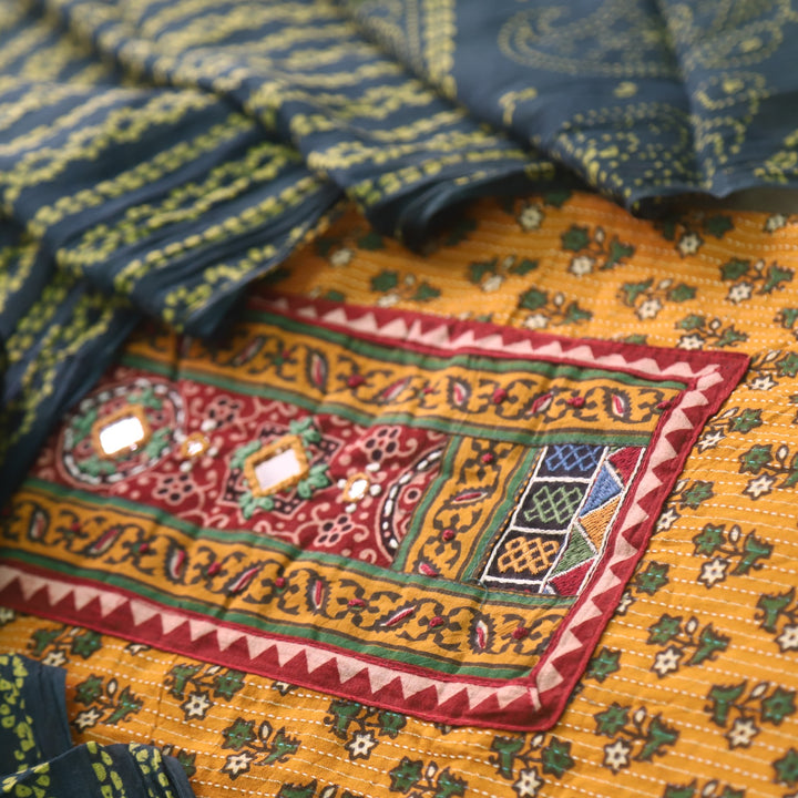 Ruhani Mustrad Yellow Ajrak Print Cotton Top With Printed Dupatta