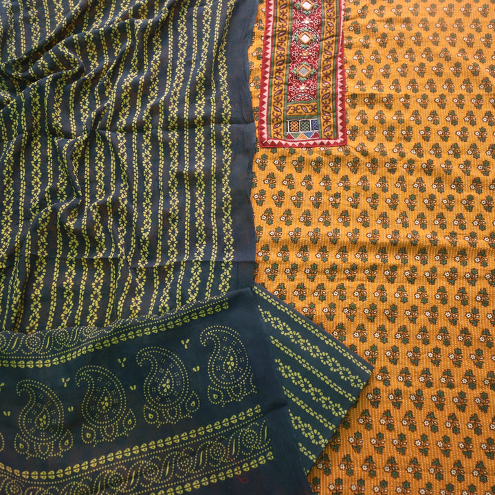 Ruhani Mustrad Yellow Ajrak Print Cotton Top With Printed Dupatta