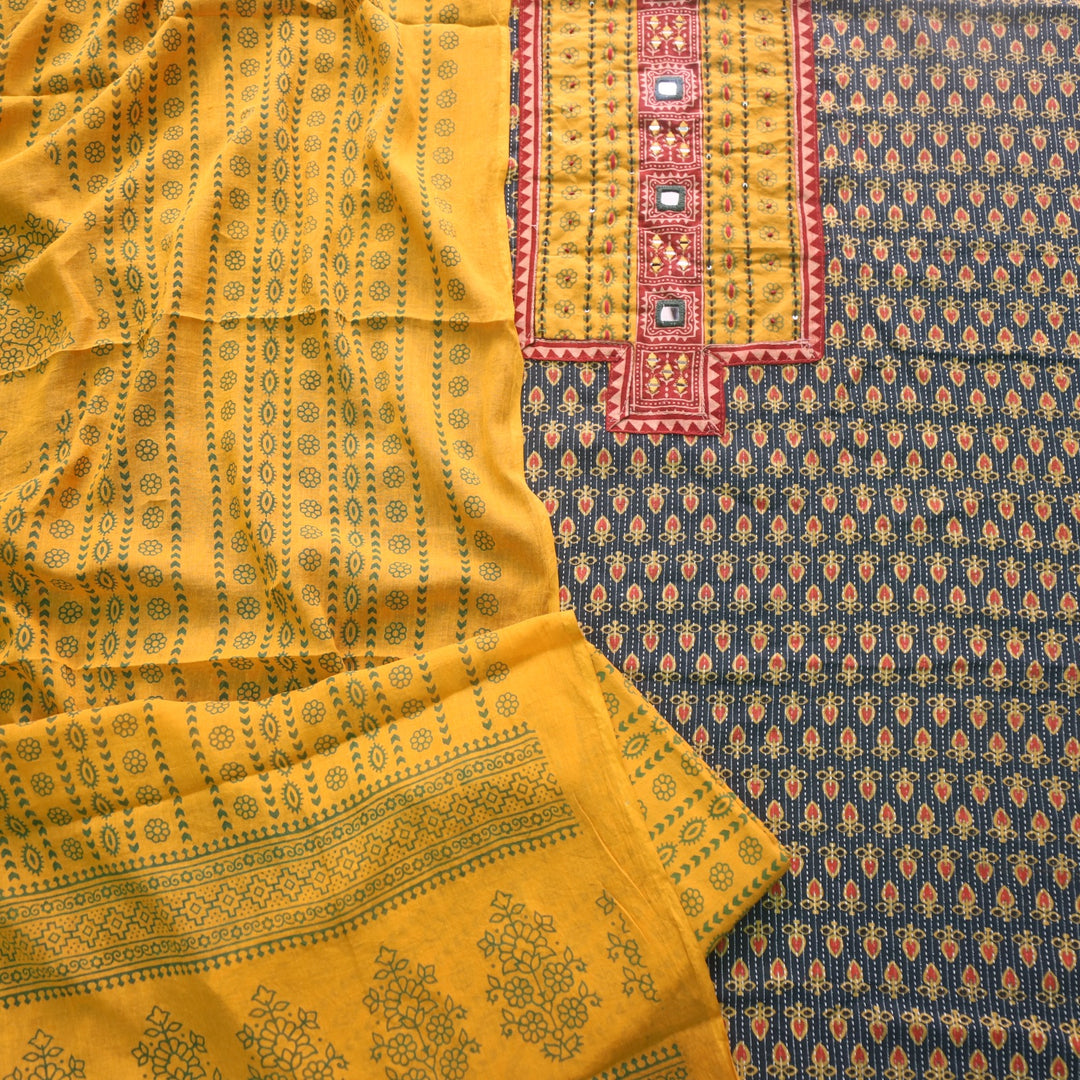 Ruhani Basil Green Ajrak Print Cotton Top With Printed Dupatta