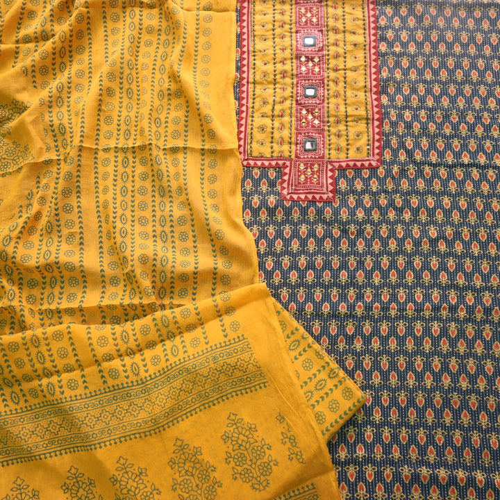 Ruhani Basil Green Ajrak Print Cotton Top With Printed Dupatta
