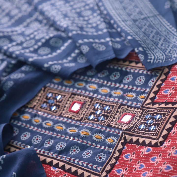 Ruhani Cherry Red Ajrak Print Cotton Top With Printed Dupatta