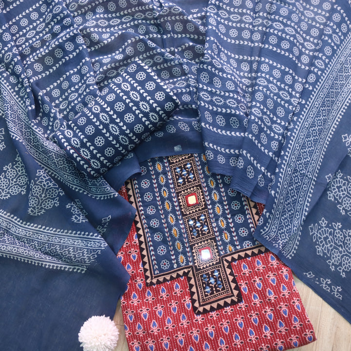 Ruhani Cherry Red Ajrak Print Cotton Top With Printed Dupatta