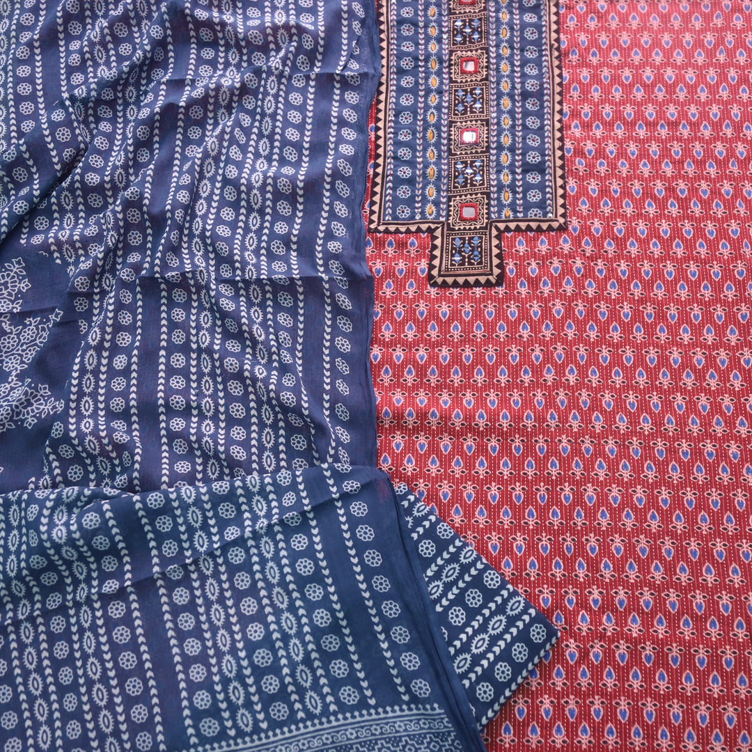 Ruhani Cherry Red Ajrak Print Cotton Top With Printed Dupatta
