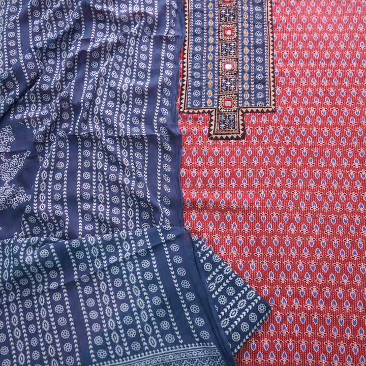 Ruhani Cherry Red Ajrak Print Cotton Top With Printed Dupatta