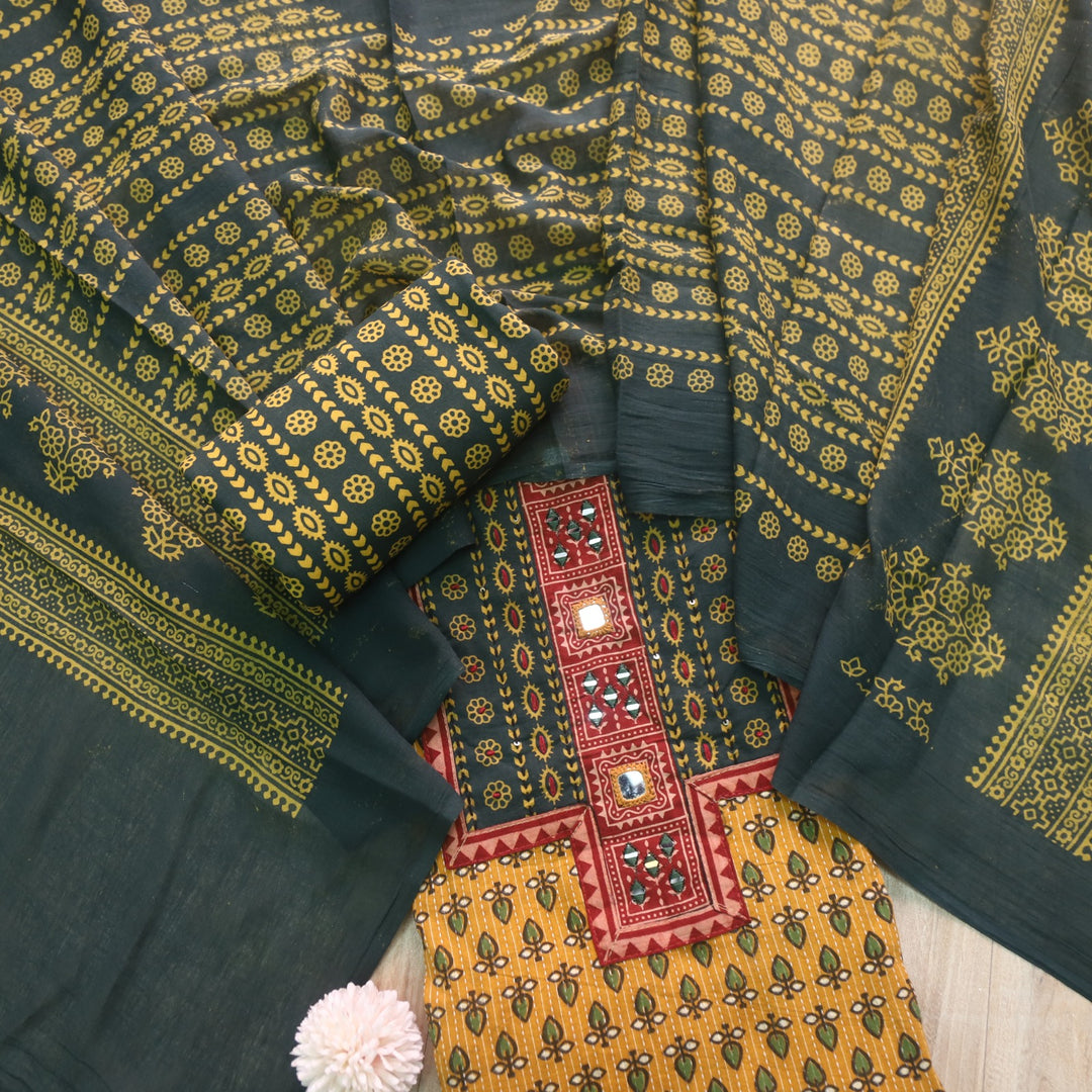 Ruhani Butter Yellow Ajrak Print Cotton Top With Printed Dupatta