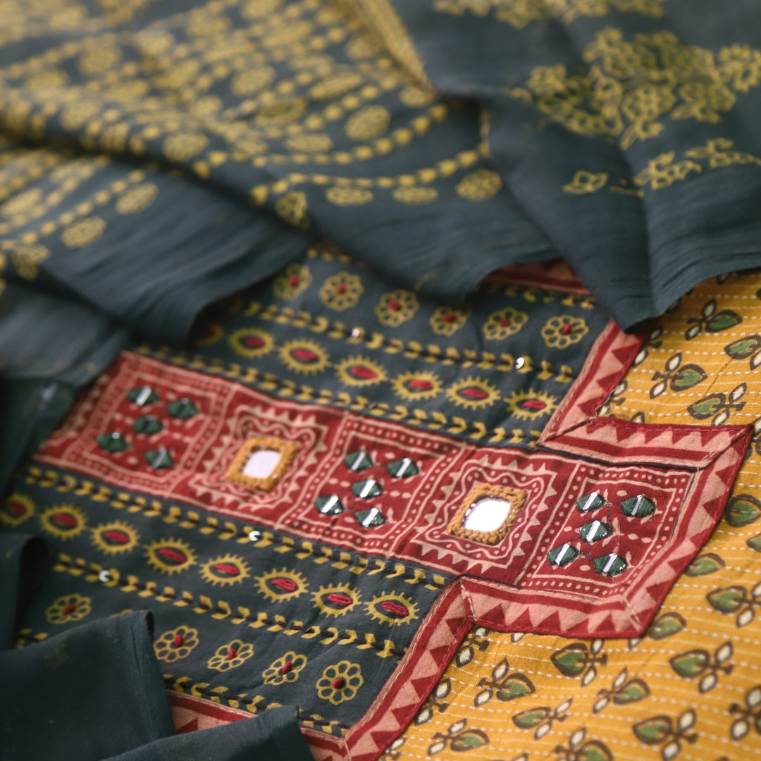 Ruhani Butter Yellow Ajrak Print Cotton Top With Printed Dupatta